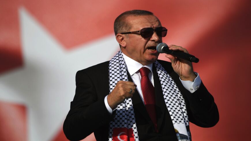 Turkish President Recep Tayyip Erdogan addresses a protest rally in Istanbul on May 18, 2018, against the killings of Palestinian protesters on the Gaza-Israel border and the US Embassy move to Jerusalem.