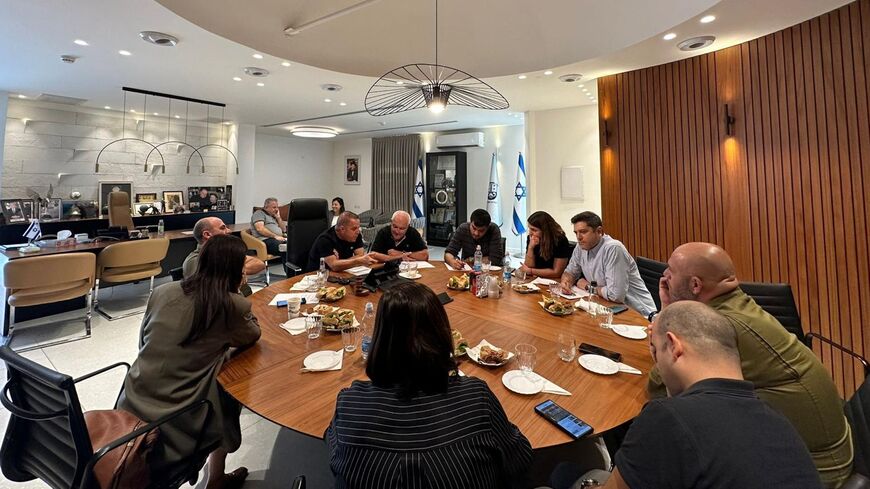 Israeli Tourism Minister Haim Katz meets with representatives of the southern city of Ashkelon during a tour in the region, on Nov. 23, 2023.
