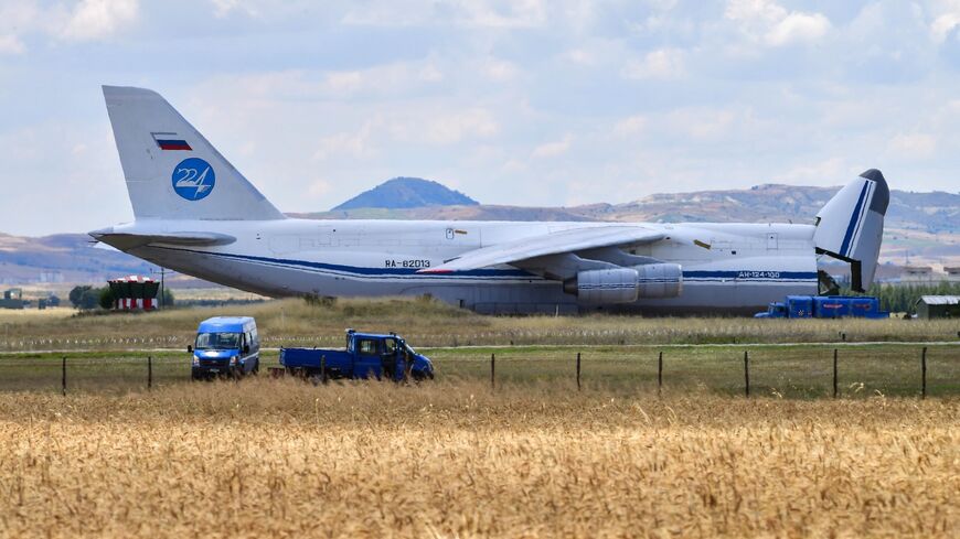 Cargo is unloaded from a Russian AN-124 cargo plane transporting parts of the S-400 air defense system from Russia, after it landed at Murted Airfield on July 12, 2019 in Ankara, Turkey. 