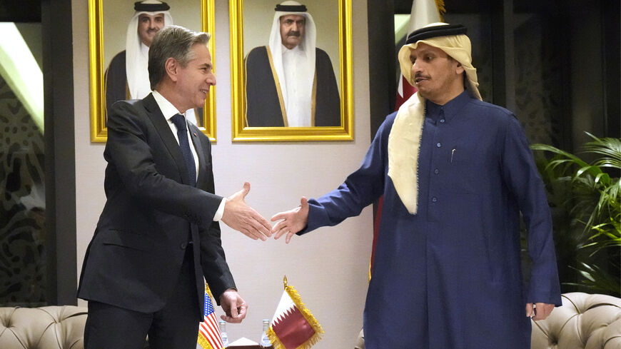 US Secretary of State Antony Blinken (L) meets with Qatar's Prime Minister and Foreign Minister Sheikh Mohammed bin Abdulrahman al-Thani, at Diwan Annex, in Doha on February 6, 2024, during his Middle East tour, his fifth urgent trip to the region since the war between Israel and Hamas in Gaza erupted in October. (Photo by Mark Schiefelbein / POOL / AFP) (Photo by MARK SCHIEFELBEIN/POOL/AFP via Getty Images)