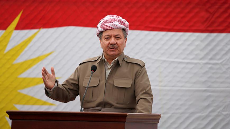 Kurdish Regional Government President Masoud Barzani speaks to the media during his visits in the town of Bashiqa, after it was recaptured from the Islamic State, east of Mosul, Iraq, November 16, 2016. REUTERS/Azad Lashkari - RTX2TYYB