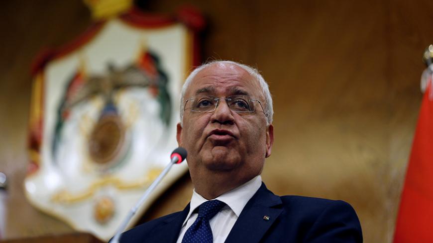 Palestinian chief negotiator Saeb Erekat speaks during a joint news conference with Foreign Ministers of Jordan Ayman Safadi, and Egypt Sameh Shoukry in Amman, Jordan May 14, 2017. REUTERS/Muhammad Hamed - RTX35SMV