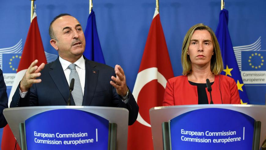 (LtoR) Turkey's Foreign Affairs Minister Mevlut Cavusoglu and the High Representative of the European Union for Foreign Affairs and Security Policy and Vice-President of the European Commission Federica Mogherini give a joint press conference following the EU-Turkey High Level Political Dialogue meeting at the EU headquarters in Brussels on July 25, 2017. / AFP PHOTO / JOHN THYS        (Photo credit should read JOHN THYS/AFP/Getty Images)