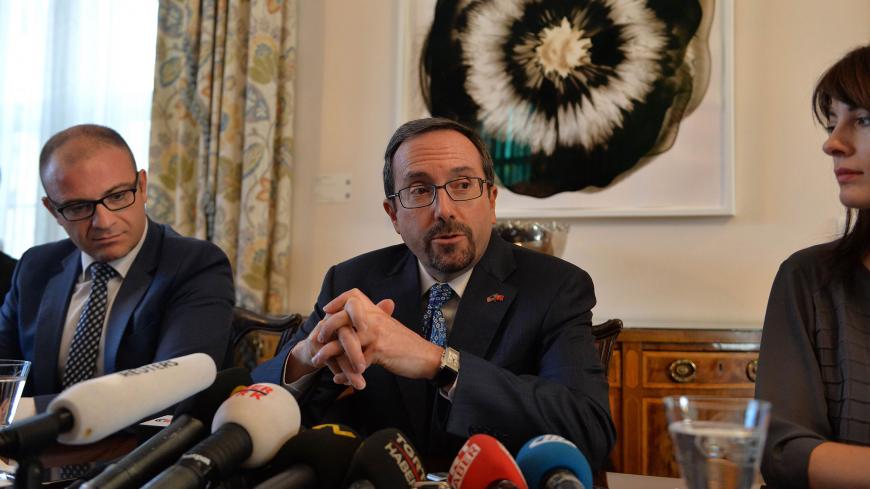 US Ambassador to Turkey John Bass delivers a press conference in Ankara on October 11, 2017.
President Recep Tayyip Erdogan vowed on October 10 that Turkish officials will boycott the US ambassador, deepening one of the worst rifts in decades between the NATO allies. Erdogan said Turkey no longer regarded outgoing envoy John Bass as the US representative to Turkey after American missions in the country stopped issuing visas.
 / AFP PHOTO / STR        (Photo credit should read STR/AFP/Getty Images)