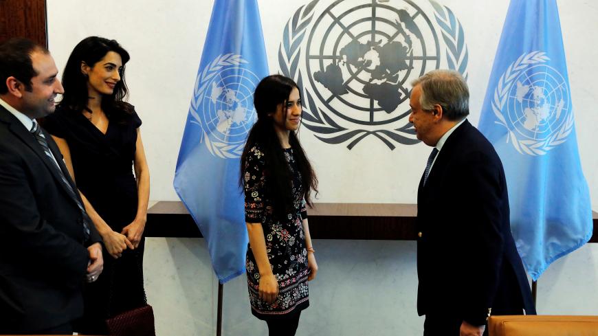 International human rights lawyer Amal Clooney arrives with Yazidi survivor Nadia Murad (C) to meet with United Nations Secretary General, Antonio Guterres, at U.N. headquarters in New York, U.S., March 10, 2017.  REUTERS/Lucas Jackson - RC19B328B270