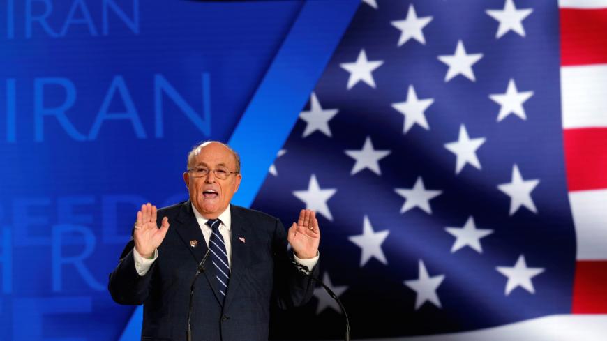 Rudy Giuliani, former Mayor of New York City, speaks at an event in Ashraf-3 camp, which is a base for the People's Mojahedin Organization of Iran (MEK) in Manza, Albania, July 13, 2019.REUTERS/Florion Goga - RC1B40AAA200