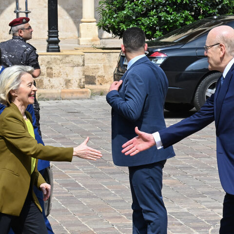 Lebanon's Prime Minister Najib Mikati welcomes European Commission President Ursula von der Leyen at the Grand Serail government headquarters in Beirut on May 2, 2024. During the visit, EU chief Ursula von der Leyen announced $1 billion in aid for Lebanon as the east Mediterranean country struggles with an economic meltdown exacerbated by a migrant crisis and the threat of war with Israel. (Photo by JOSEPH EID / AFP) (Photo by JOSEPH EID/AFP via Getty Images)