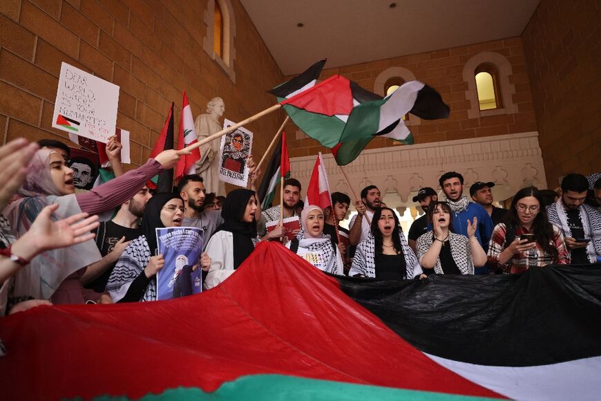 Students take part in a pro-Palestinian demonstration at the American University of Beirut