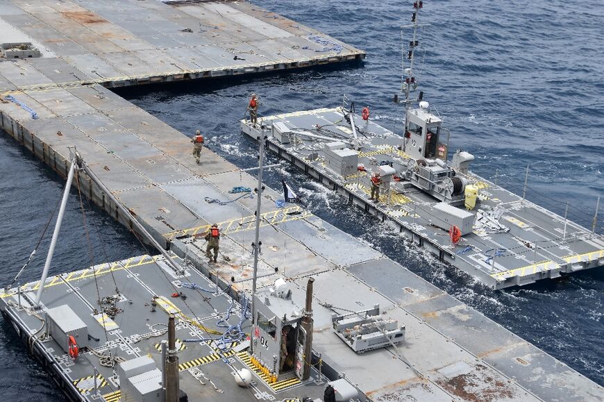 US Central Command picture showing construction work on the floating JLOTS pier, meant to help bring aid into Gaza