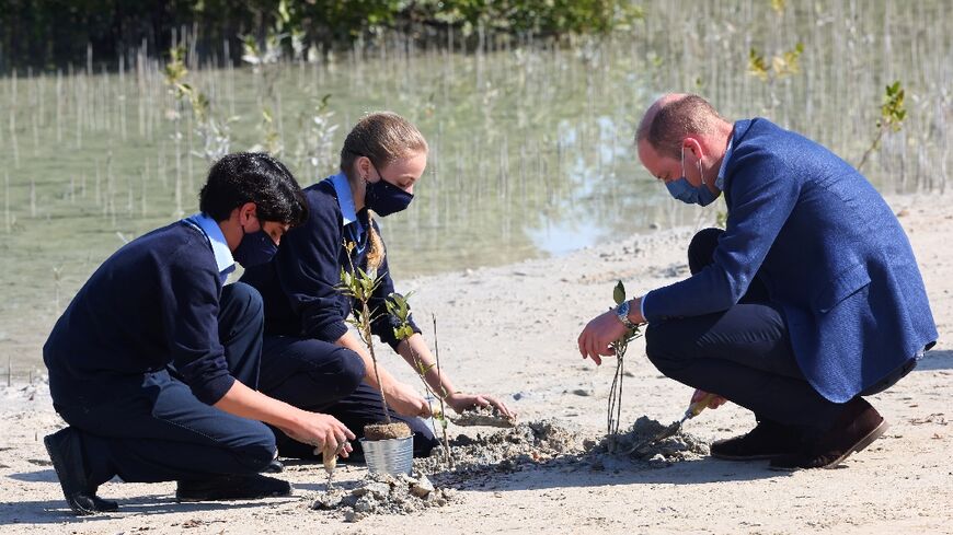Britain's Prince William, Duke of Cambridge, plants trees alongside two school children as he tours the Jubail Magrove Park in Abu Dhabi