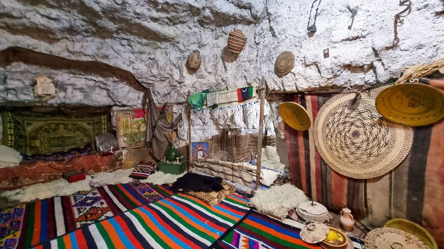 The interior of a 'damous', a dwelling carved into Libya's arid Nafusa mountains, in Gharyan town, southwest of the capital Tripoli