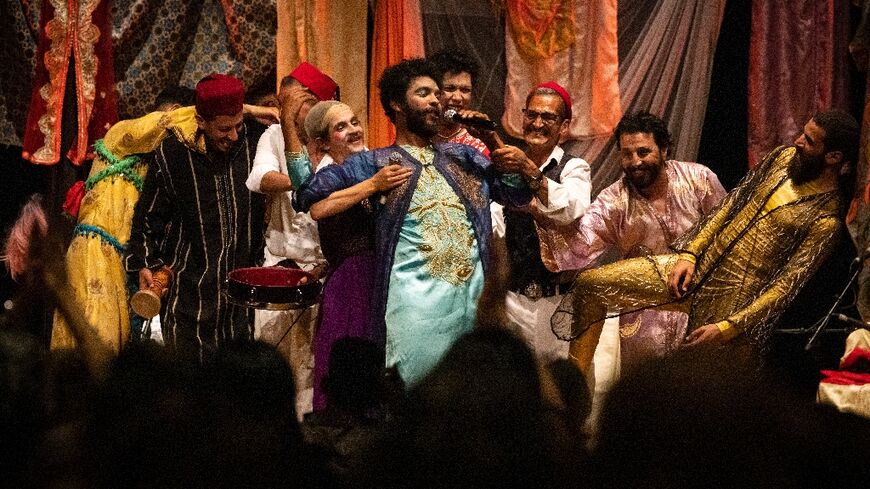 The all-male "Kabareh Cheikhats" troupe performs at a theatre in the Moroccan capital Rabat