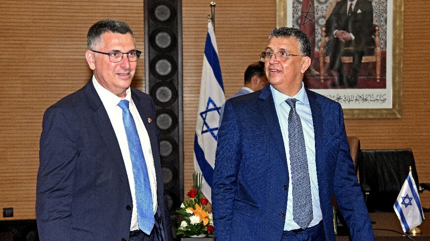 Moroccan Justice Minister Abdellatif Ouahbi (R) receives Israeli Justice Minister Gideon Saar in Rabat
