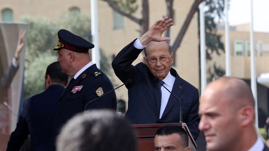 Lebanon's President Michel Aoun waves to his supporters  outside the presidential palace in Baabda before delivering a speech to mark the end of his mandate