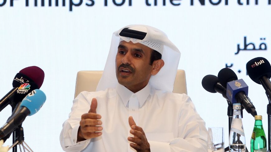 Qatar's Energy Minister and CEO of QatarEnergy Saad Sherida al-Kaabi speaks at a press conference after signing an agreement with the CEO of American multinational corporation ConocoPhillips