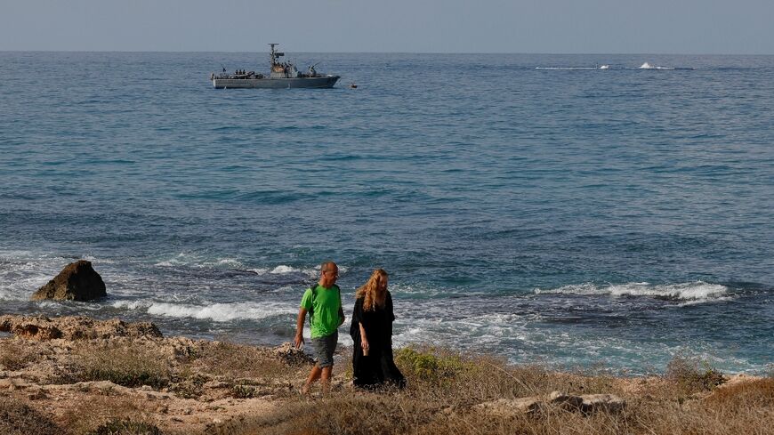 Lebanon and Israel have no diplomatic relations; here a navy vessel patrols the Mediterranean waters off Rosh Hanikra, known in Lebanon as Ras al-Naqura, on the Israeli side of the border between the two countries on October 7