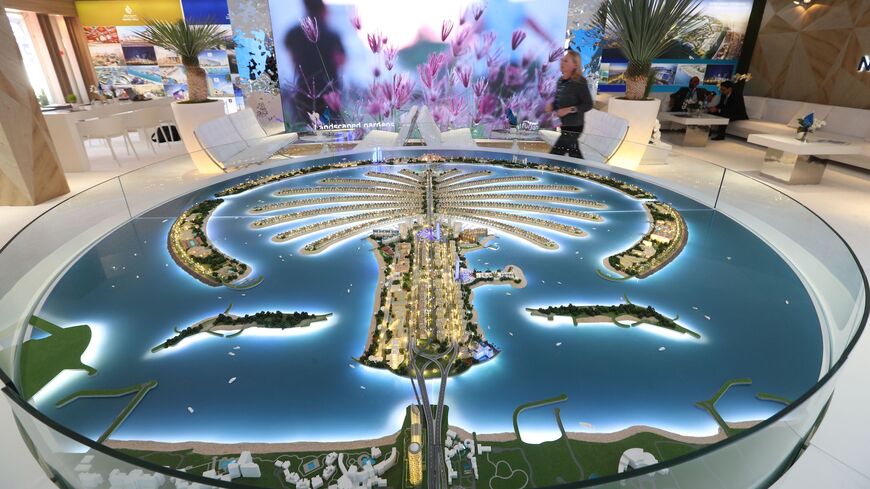 A picture taken on March 12, 2019, at the Palais des Festivals in Cannes shows a scale model of the city of Dubai.
