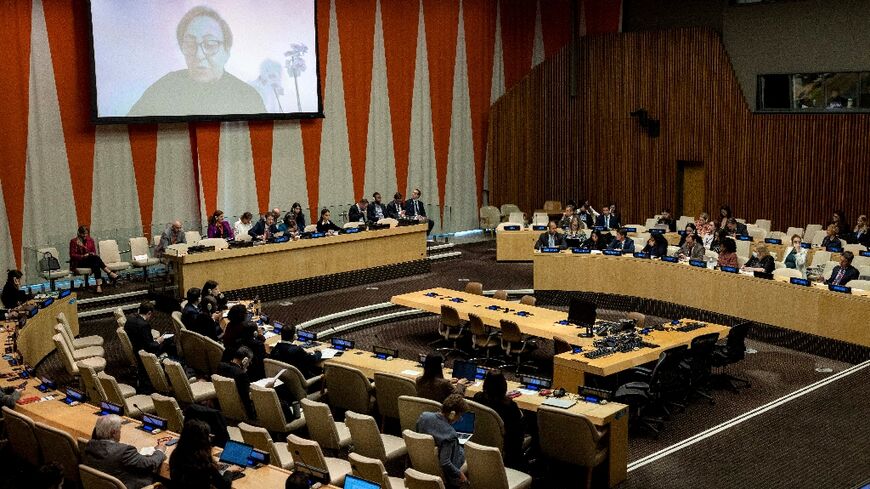 Dr Shirin Ebadi, an Iranian Human Rights Defender and Nobel Peace Prize Winner, speaks virtually during an arria-formula meeting regarding the protests in Iran, at the United Nations headquarters in New York City on November 2, 2022