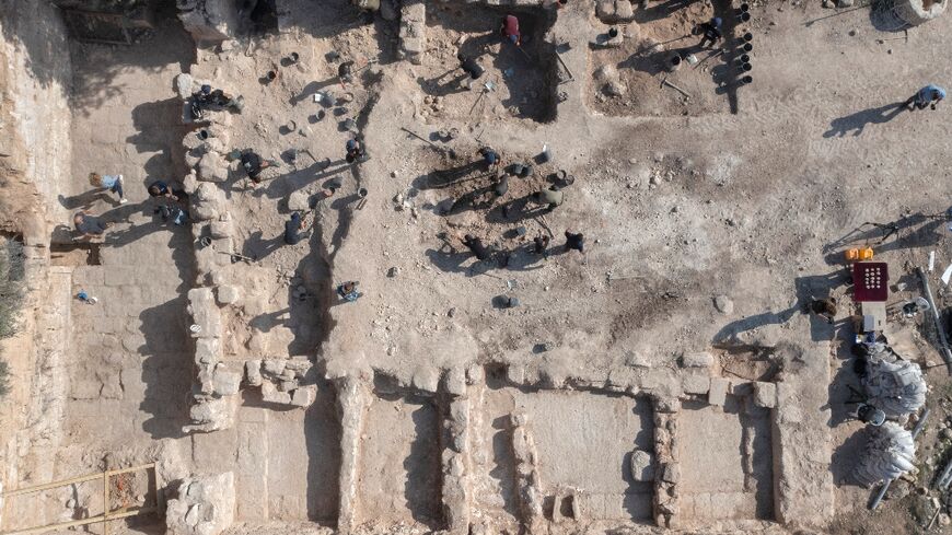 An aerial view shows archaeologists at work at the Tomb of Salome, a Jewish burial site that became a place of worship for early Christians
