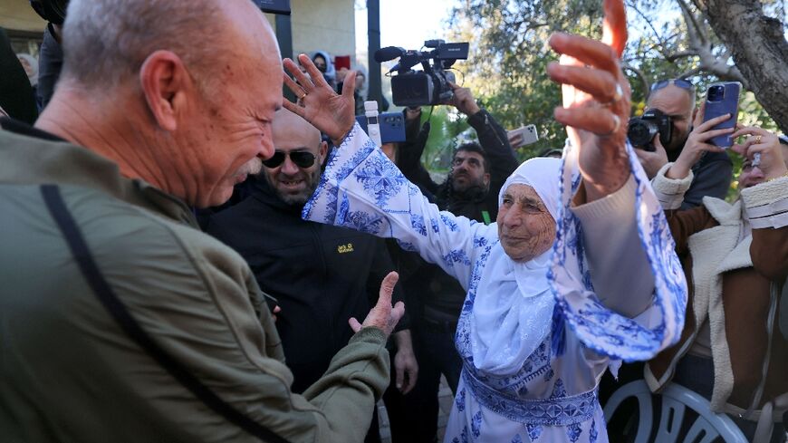 Maher Younes  is welcomed by his mother, friends and relatives following his release after 40 years in an Israeli prison for kidnapping and murdering an Israeli soldier
