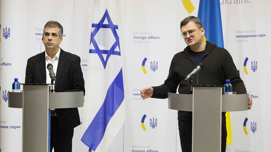 Ukrainian Foreign Minister Dmytro Kuleba (R) and Israeli Foreign Minister Eli Cohen give a press conference in Kyiv, Ukraine, Feb. 16, 2023.