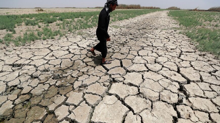 The dried up Huwaizah Marshes straddling the Iran-Iraq border, July 2022