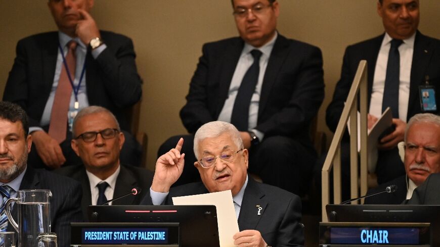 Palestinian Authority President Mahmud Abbas speaks during an event to commemorate the 75th anniversary of the Nakba at the United Nations headquarters in New York on May 15, 2023