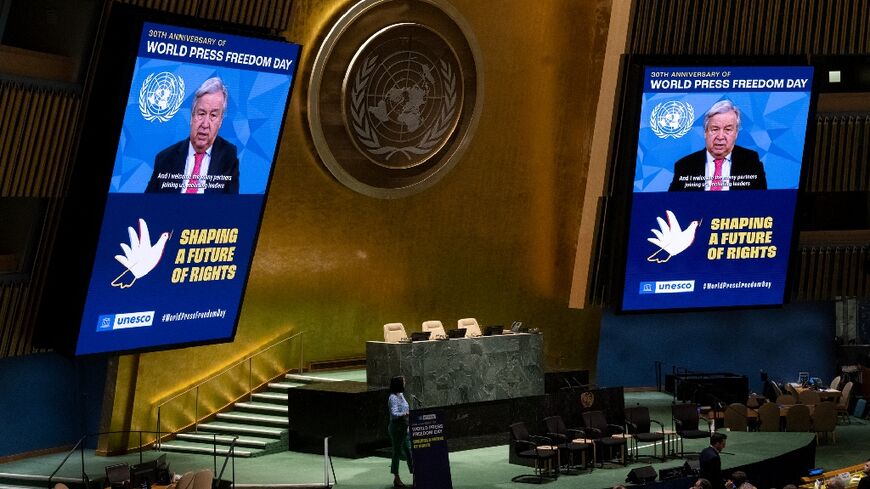 UN Secretary-General Antonio Guterres speaks to a world press freedom event at UN headquarters 