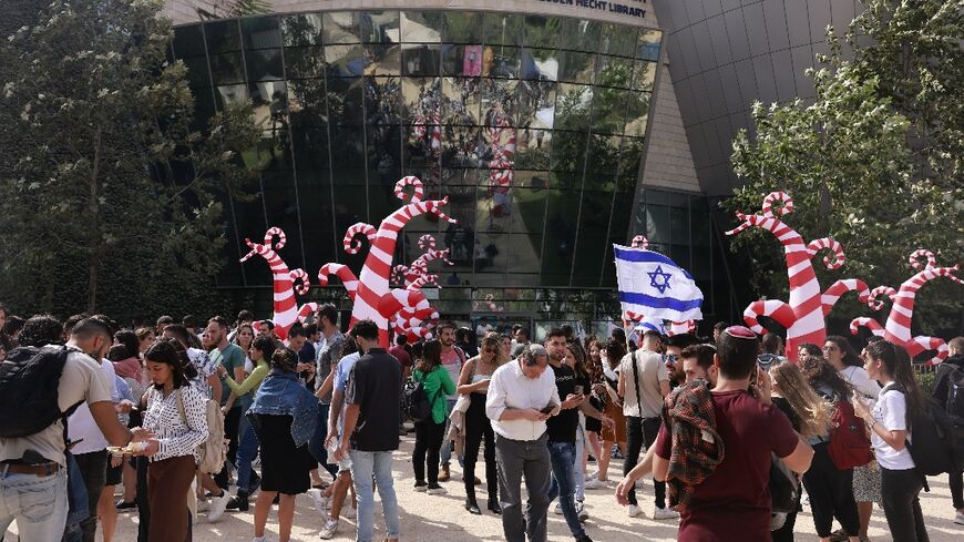 Students gather during a campaign rally for Benjamin Netanyahu at the Ariel university in the central West Bank settlement of Ariel in October 2022 ahead of elections