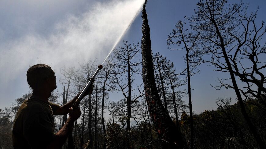 A man sprays water on burned trees near Tabarka near Tunisia's border with Algeria