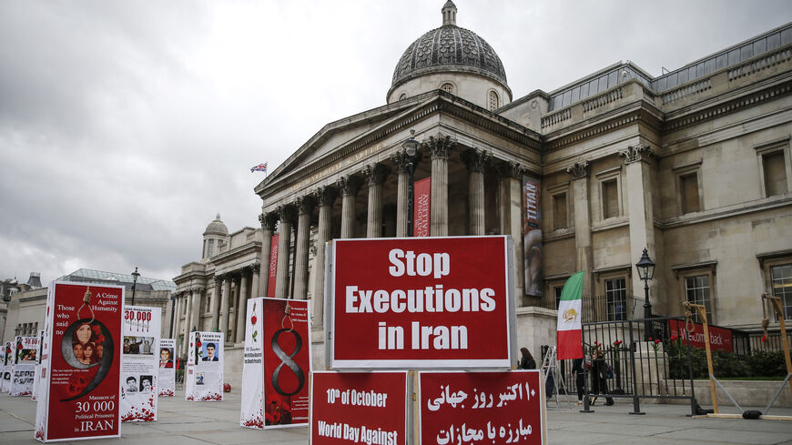 An exhibition calling for an end to executions in Iran on Trafalgar Square on Oct. 10, 2020, in London, England.