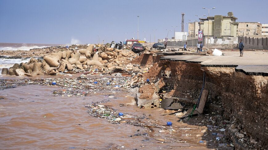 Collapsed coastal road in the eastern city of Benghazi in the wake of storm Daniel
