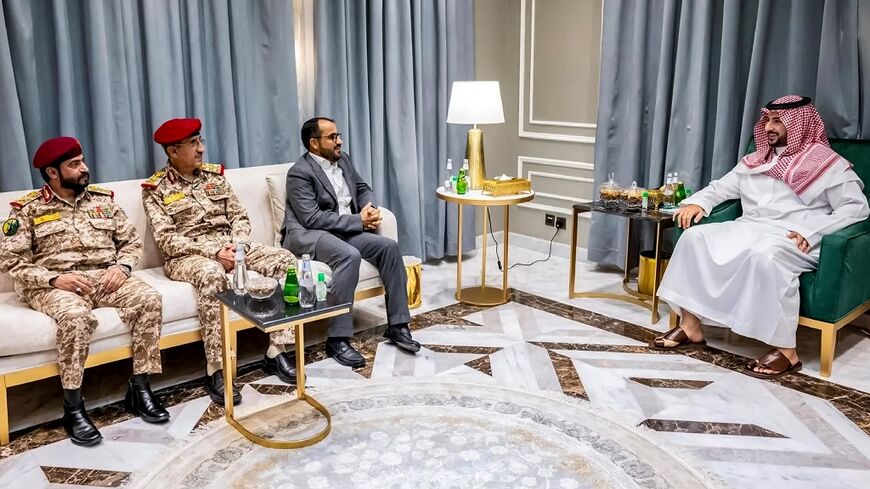 Saudi Arabia's Defence Minister Prince Khalid bin Salman (R) met the Huthi delegation in Riyadh