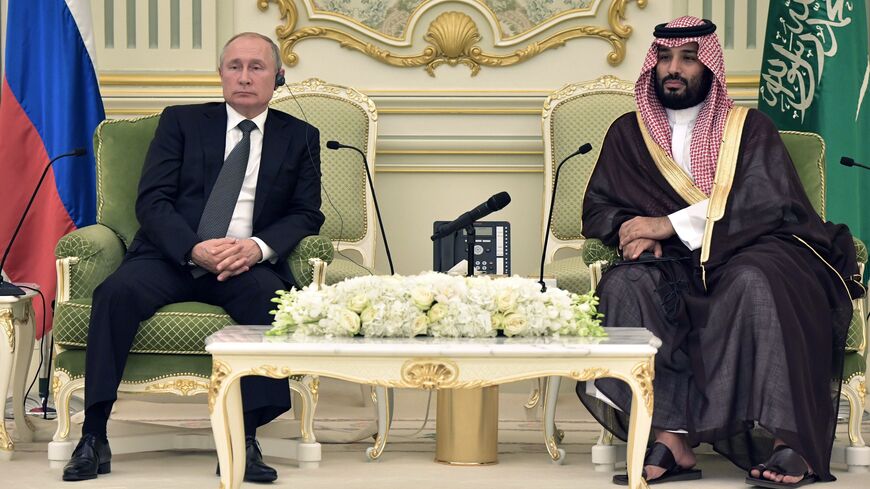 Russian President Vladimir Putin (L) meets with Saudi Arabia's Crown Prince Mohammed bin Salman in Riyadh, Saudi Arabia, on October 14, 2019. (Photo by Alexey NIKOLSKY / SPUTNIK / AFP) (Photo by ALEXEY NIKOLSKY/SPUTNIK/AFP via Getty Images)
