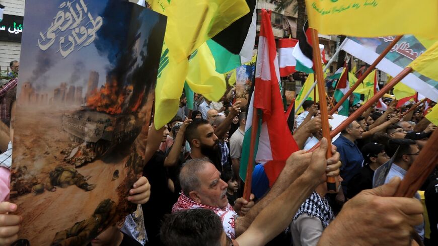 Hezbollah faithful  demonstrate in support of Hamas in Beirut