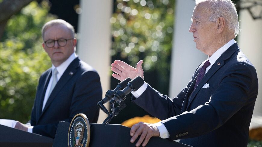 US President Joe Biden (R) speaks during a joint press conference with Australia's Prime Minister Anthony Albanese at the Rose Garden of the White House in Washington, DC, on October 25, 2023
