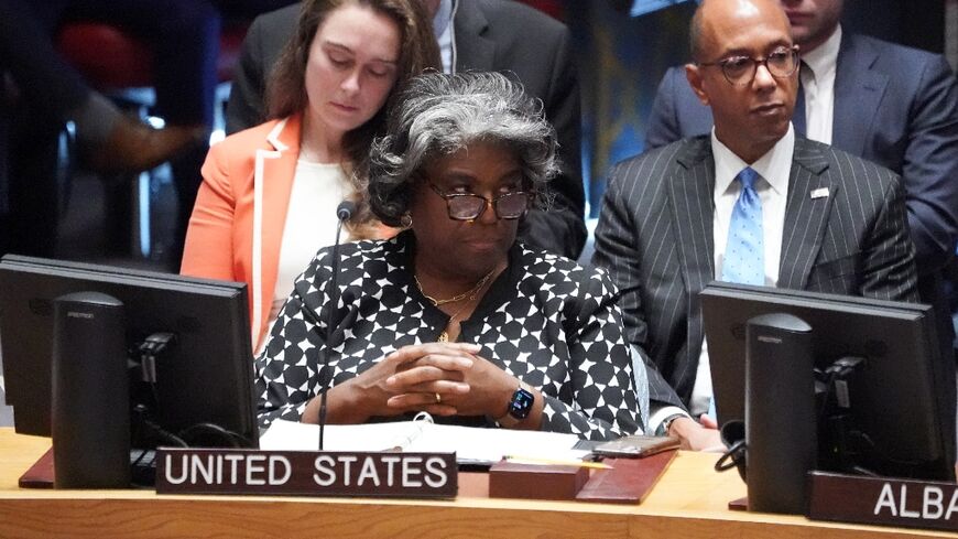 US Ambassador to the UN Linda Thomas-Greenfield looks on at a Security Council meeting on the Middle East on October 18, 2023 