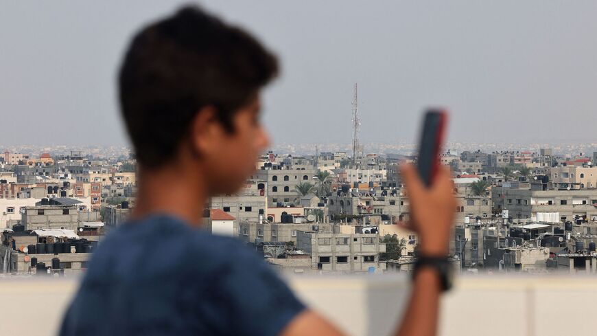An antenna of a communications tower that relays phone and internet signals is pictured in Rafah, in the southern Gaza Strip on October 28 , 2023, amid the ongoing battles between Israel and the Palestinian group Hamas