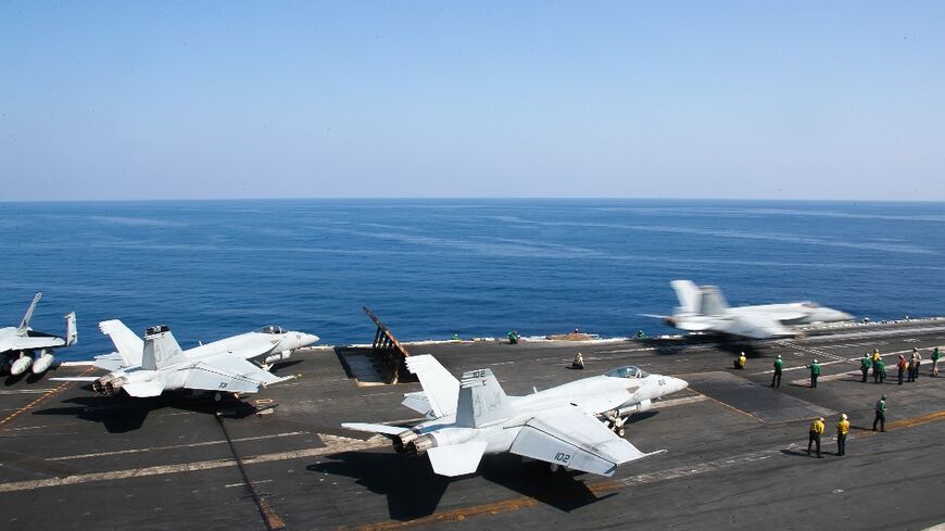 US aircraft on the world's largest aircraft carrier USS Gerald R. Ford patrol the eastern Mediterranean