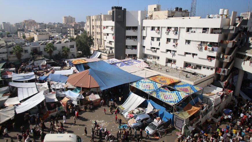 An aerial view shows the compound of Al-Shifa hospital in Gaza City on November 7, 2023
