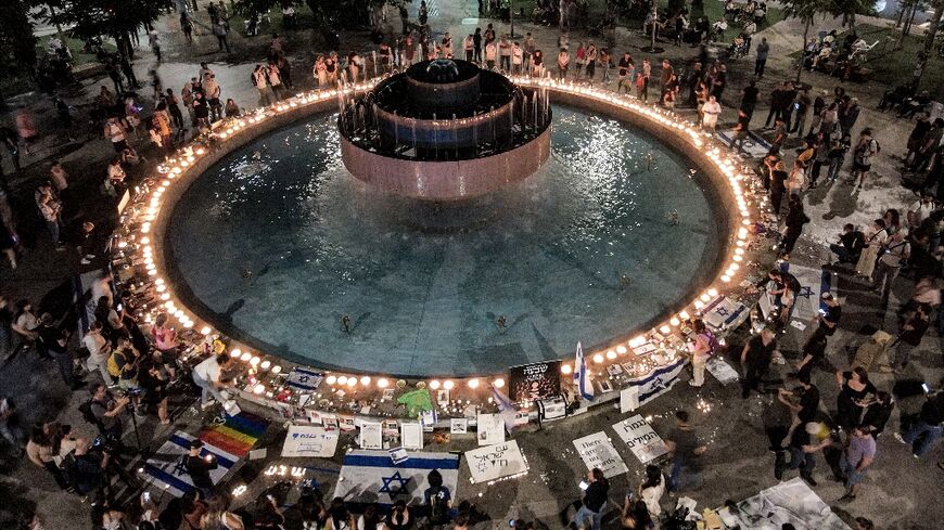 A candle-lit vigil for the hostages at Dizengoff Square in central Tel Aviv