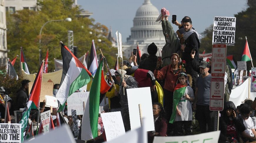 Thousands of demonstrators rally in support of Palestinians in downtown Washington