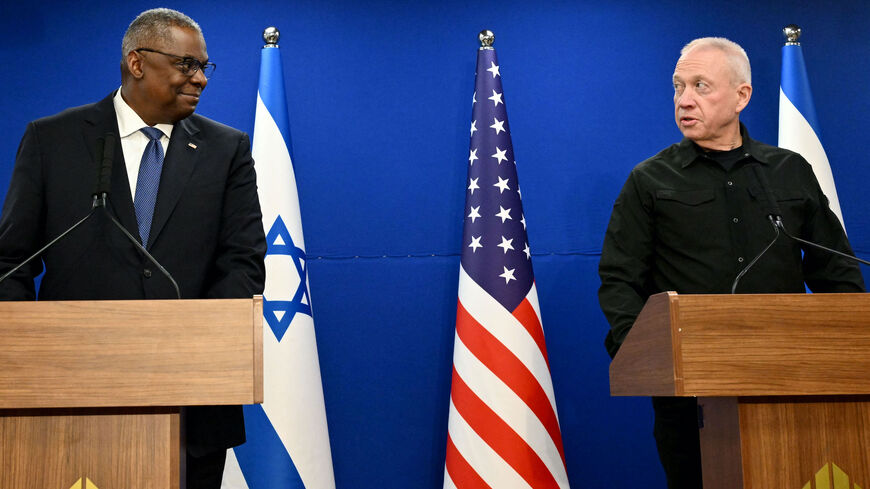 US Secretary of Defence Lloyd Austin (L) and Israel's Defence Minister Yoav Gallant give a joint press conference in Tel Aviv on December 18, 2023. (Photo by Alberto PIZZOLI / AFP) (Photo by ALBERTO PIZZOLI/AFP via Getty Images)