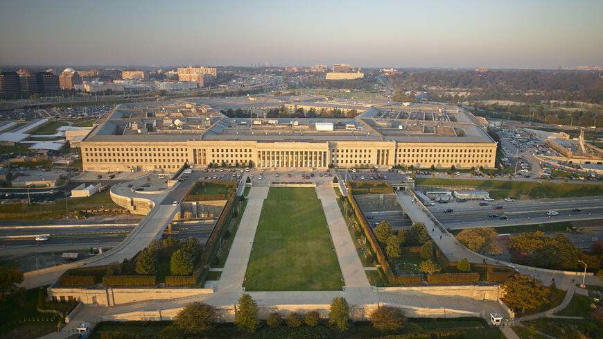 Virginia, Arlington, aerial photograph of the eastern entrance of the Pentagon.