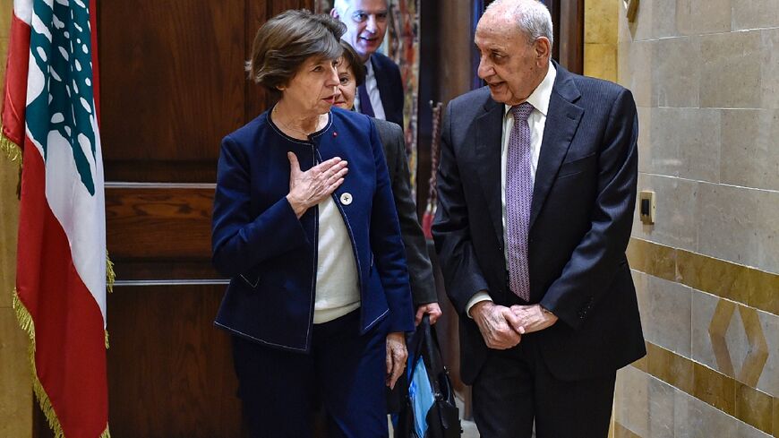 France's Foreign Minister Catherine Colonna (L) meets with Lebanon's parliament speaker Nabih Berri in Beirut