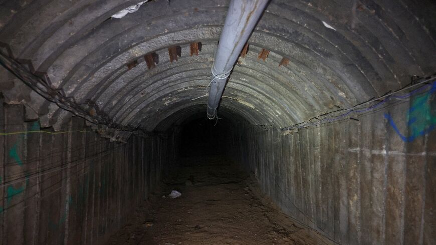 This picture taken during a media tour organized by the Israeli military on December 15, 2023, shows a tunnel that Hamas reportedly used to attack Israel through the Erez border crossing on October 7