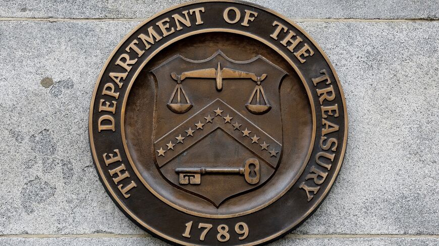 A seal on the exterior of the US Department of Treasury building, March 13, 2023.