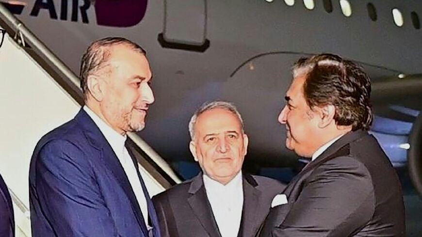 Iranian Foreign Minister Hossein Amir-Abdollahian's (left) visit to Pakistan comes as the neighbours seek to de-escalate after cross-border strikes threatened relations 