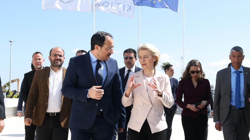 Cyprus President Nikos Christodoulides and European Commission President Ursula von der Leyen inspect Larnaca port on March 8