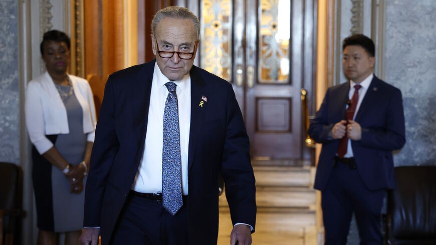 Senate Majority Leader Chuck Schumer (D-NY) departs from Senate chambers in the US Capitol Building after calling on Israel to hold new elections and criticizing Israel Prime Minister Benjamin Netanyahu’s government, March 14, 2024.